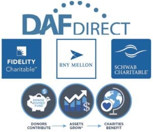 Financial service logos including DAF Direct, Fidelity Charitable, BNY Mellon, and Schwab Charitable.